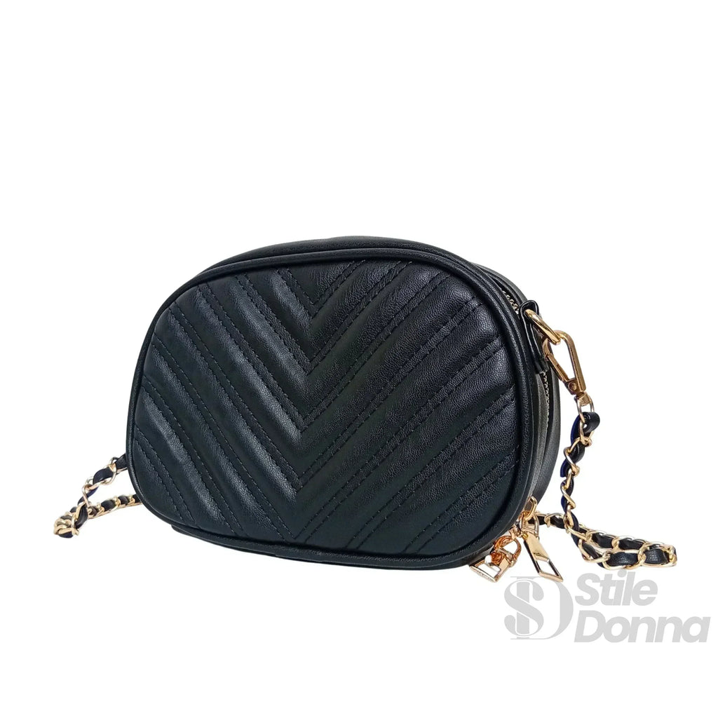 Borsa a Tracolla Ovale Trapuntata | Dettaglio manico | ecopelle | Nero