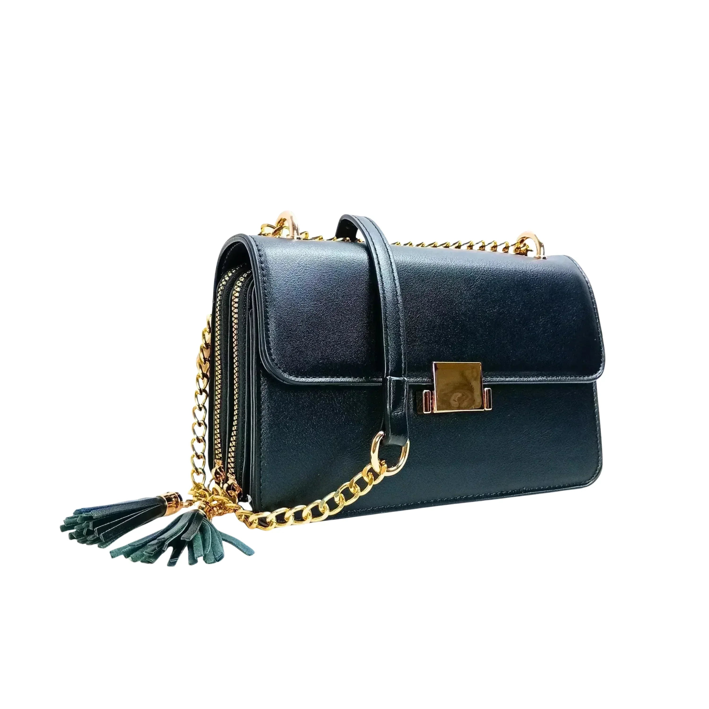 Stile Donna borsa a tracolla Vallo ecopelle nera con finiture dorate donna – vista frontale