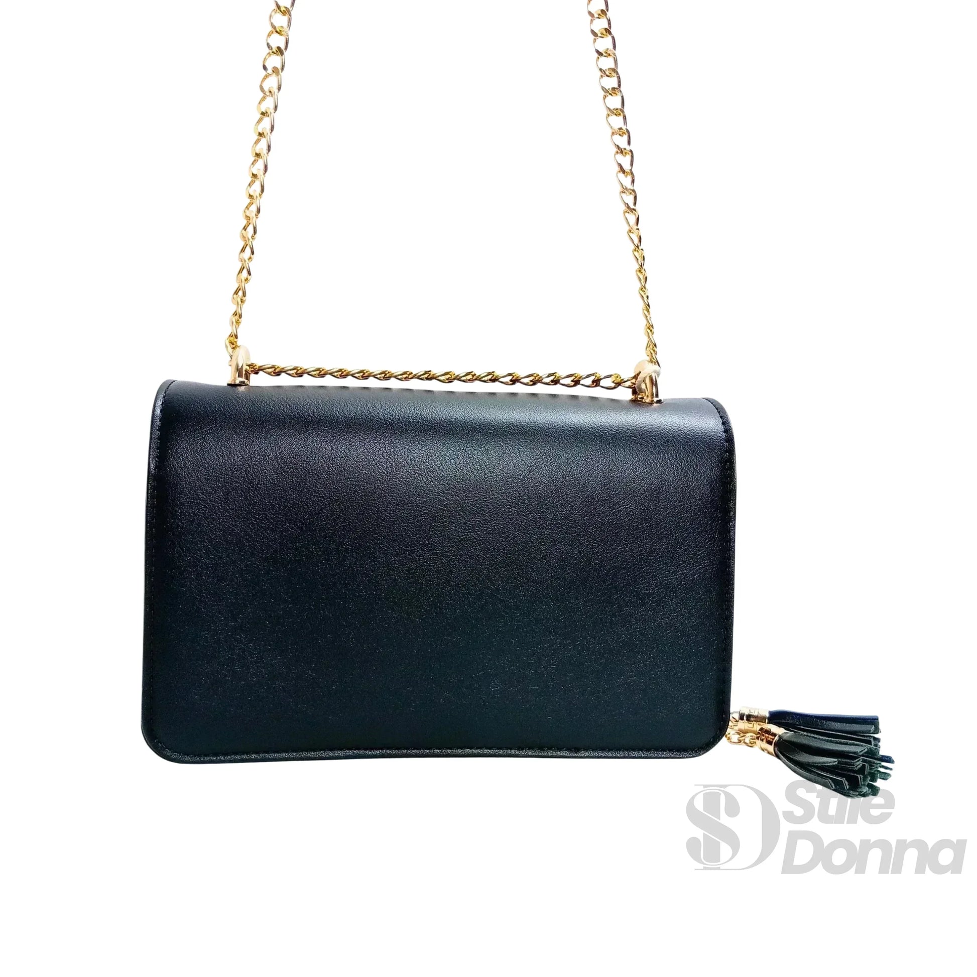Stile Donna borsa a tracolla Vallo ecopelle nera finiture dorate – vista posteriore
