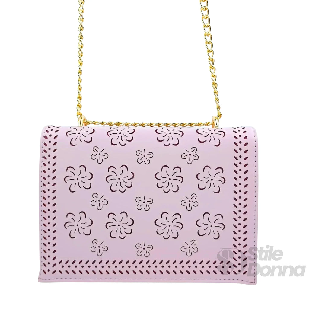 Stile Donna borsa a tracolla ecopelle viola con catena dorata – dettaglio esterno