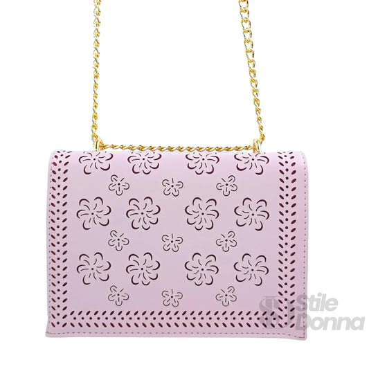 Stile Donna borsa a tracolla ecopelle viola con catena dorata – dettaglio esterno