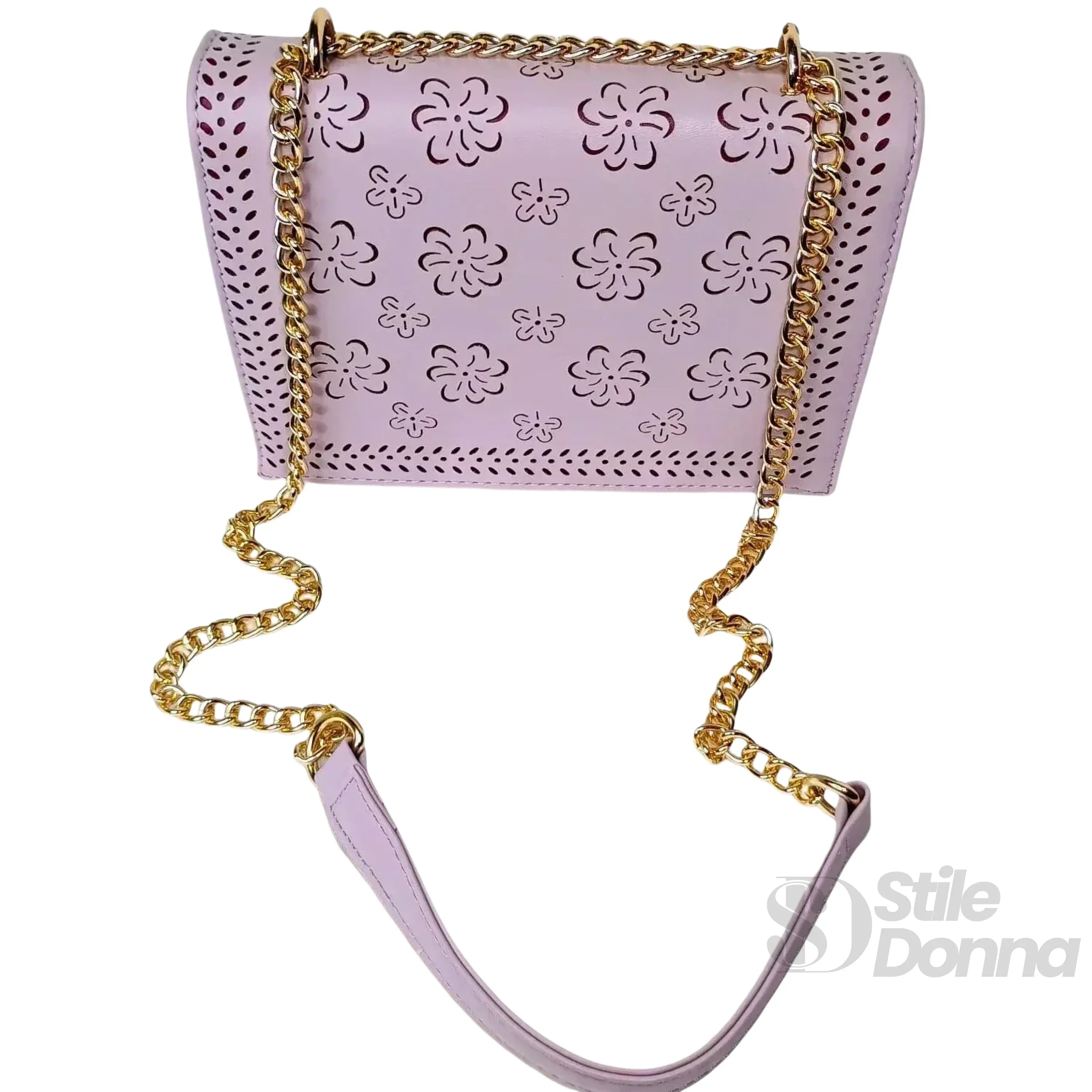 Stile Donna borsa a tracolla ecopelle viola con catena dorata – vista posteriore