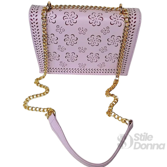 Stile Donna borsa a tracolla ecopelle viola con catena dorata – vista posteriore