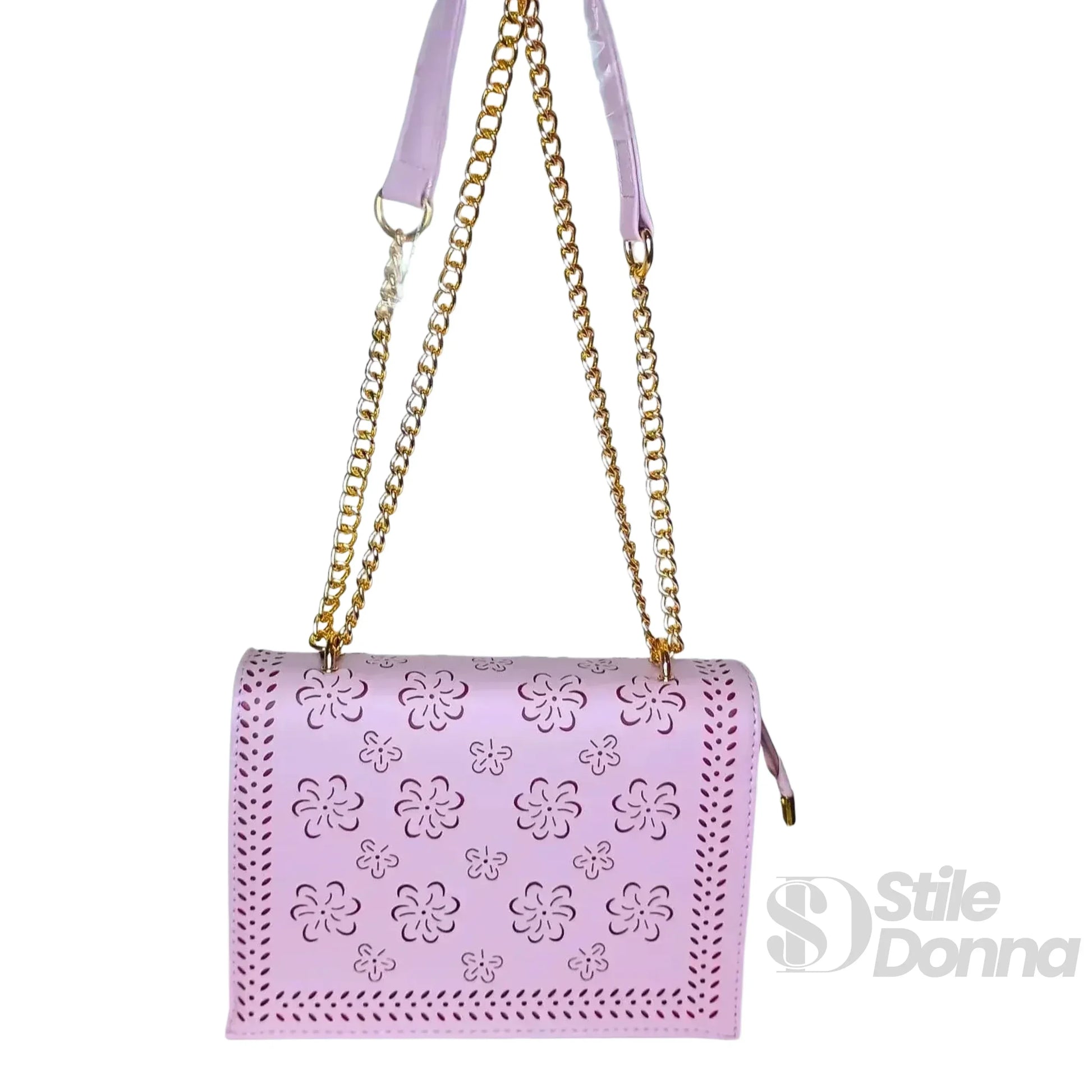 Stile Donna borsa a tracolla ecopelle viola con catena dorata – interno e tasche