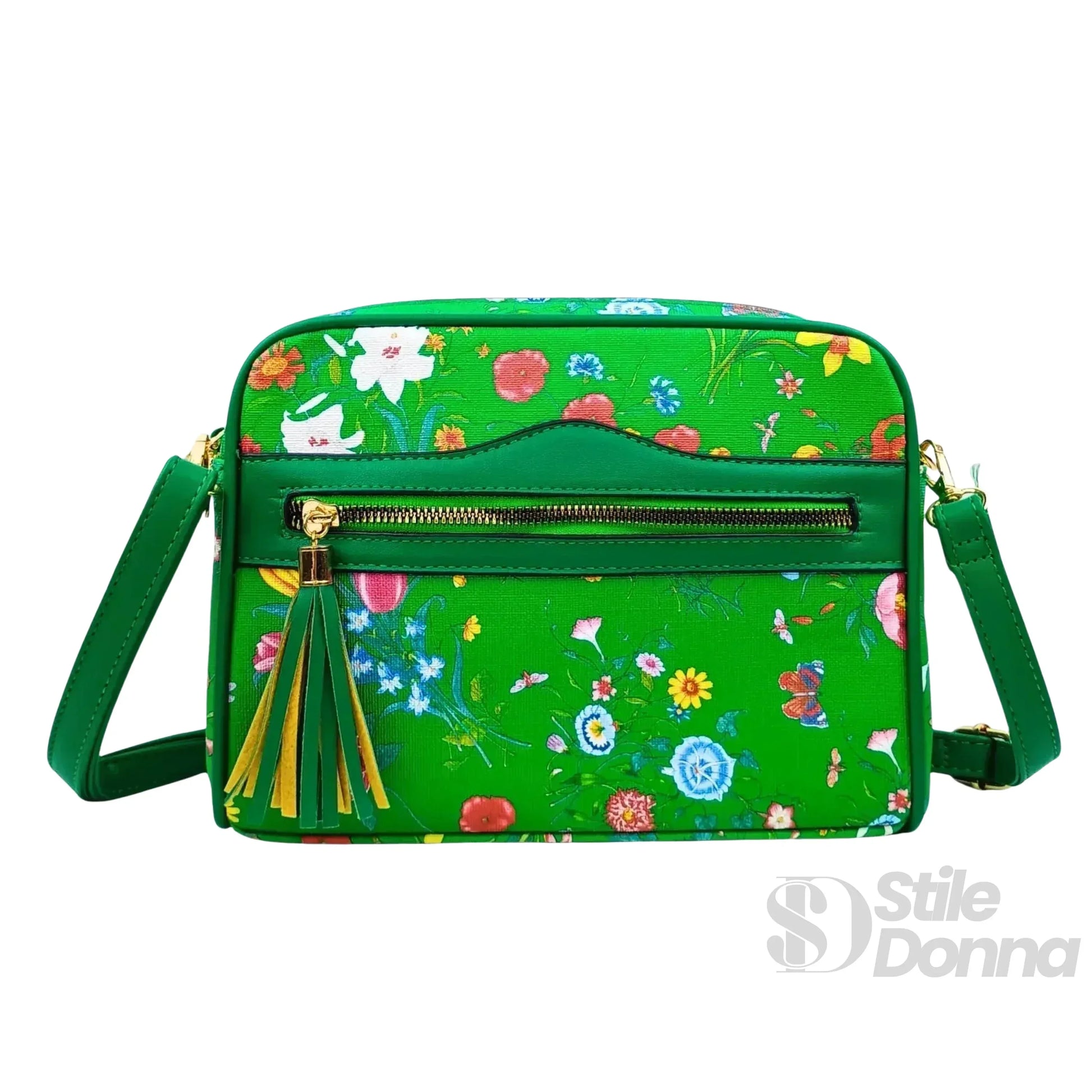 Stile Donna borsa a tracolla tessuto floreale verde – dettaglio esterno