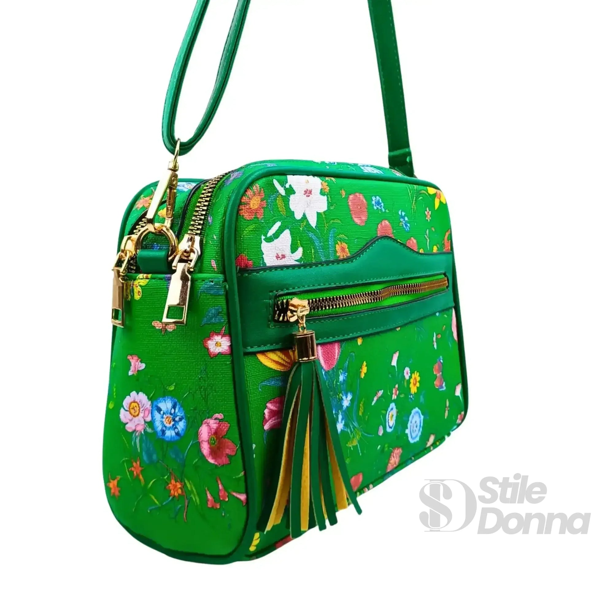 Stile Donna borsa a tracolla tessuto floreale verde donna – borsa indossata