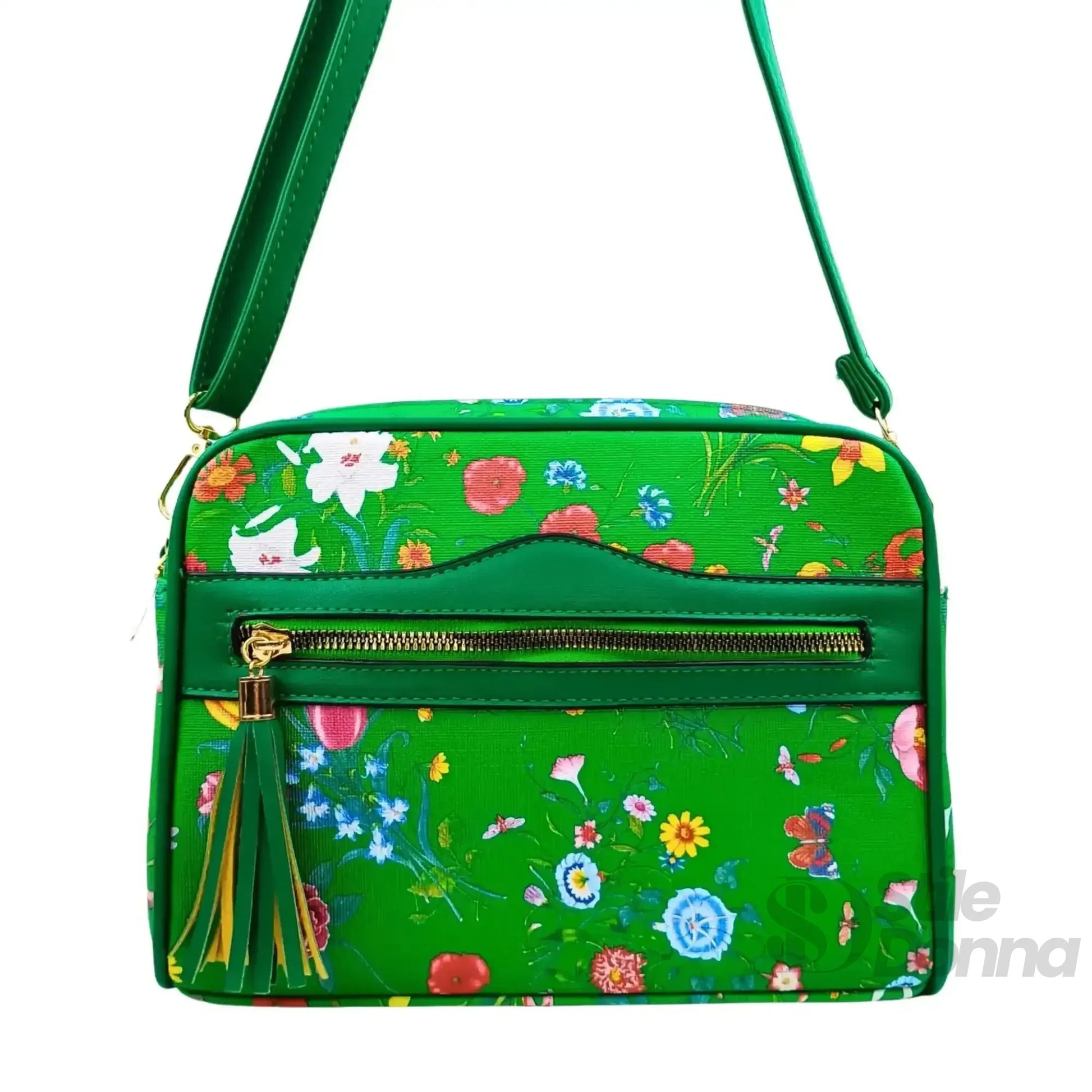 Stile Donna borsa a tracolla tessuto floreale verde – dettaglio chiusura