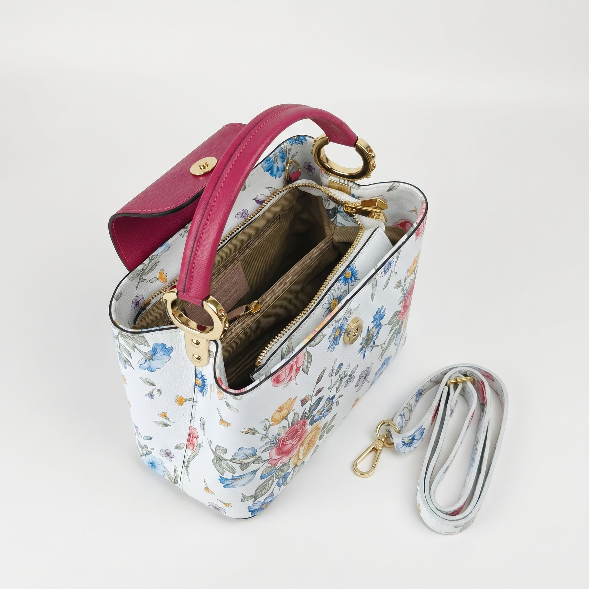 Stile Donna borsa a tracolla vera pelle stampa floreale – dettaglio manico
