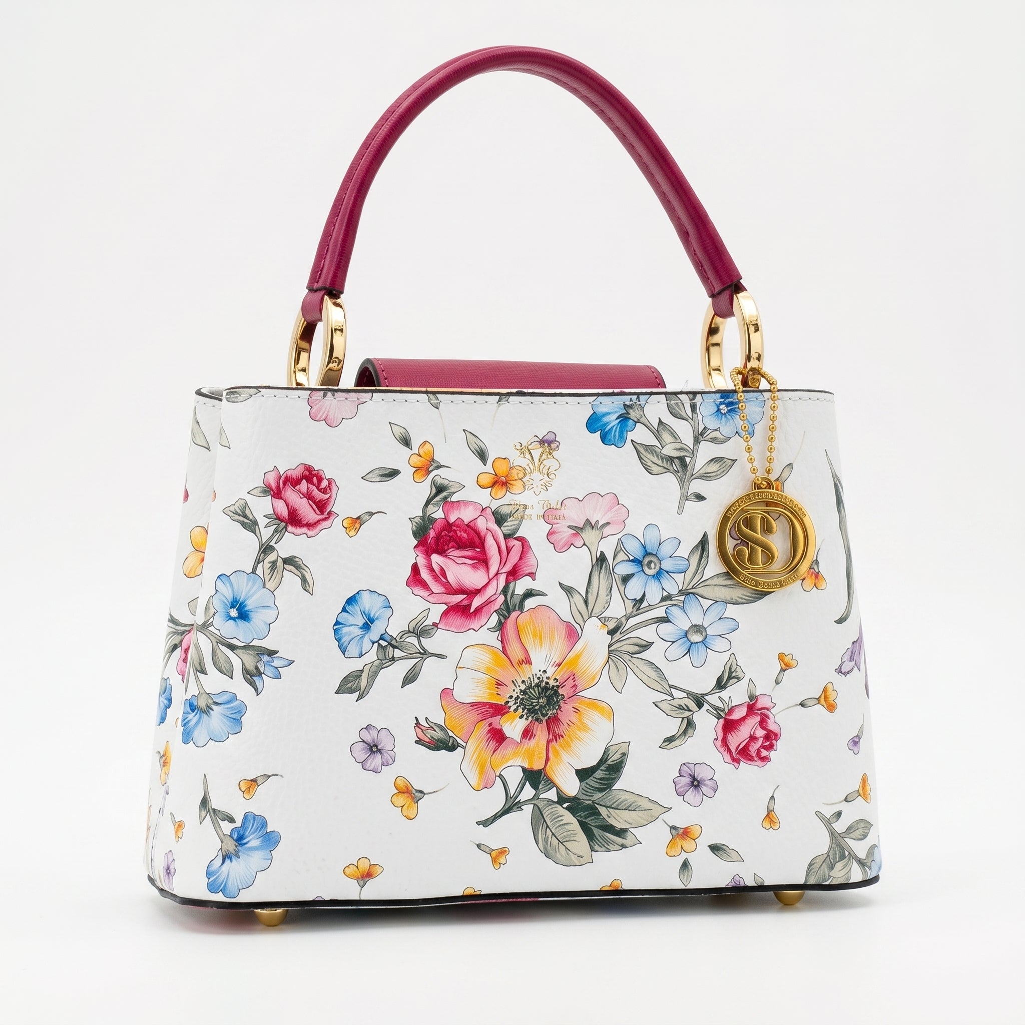 Stile Donna borsa a tracolla vera pelle made in Italy stampa floreale gialla donna – vista frontale