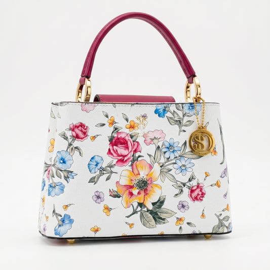 Stile Donna borsa a tracolla vera pelle made in Italy stampa floreale gialla donna – vista frontale