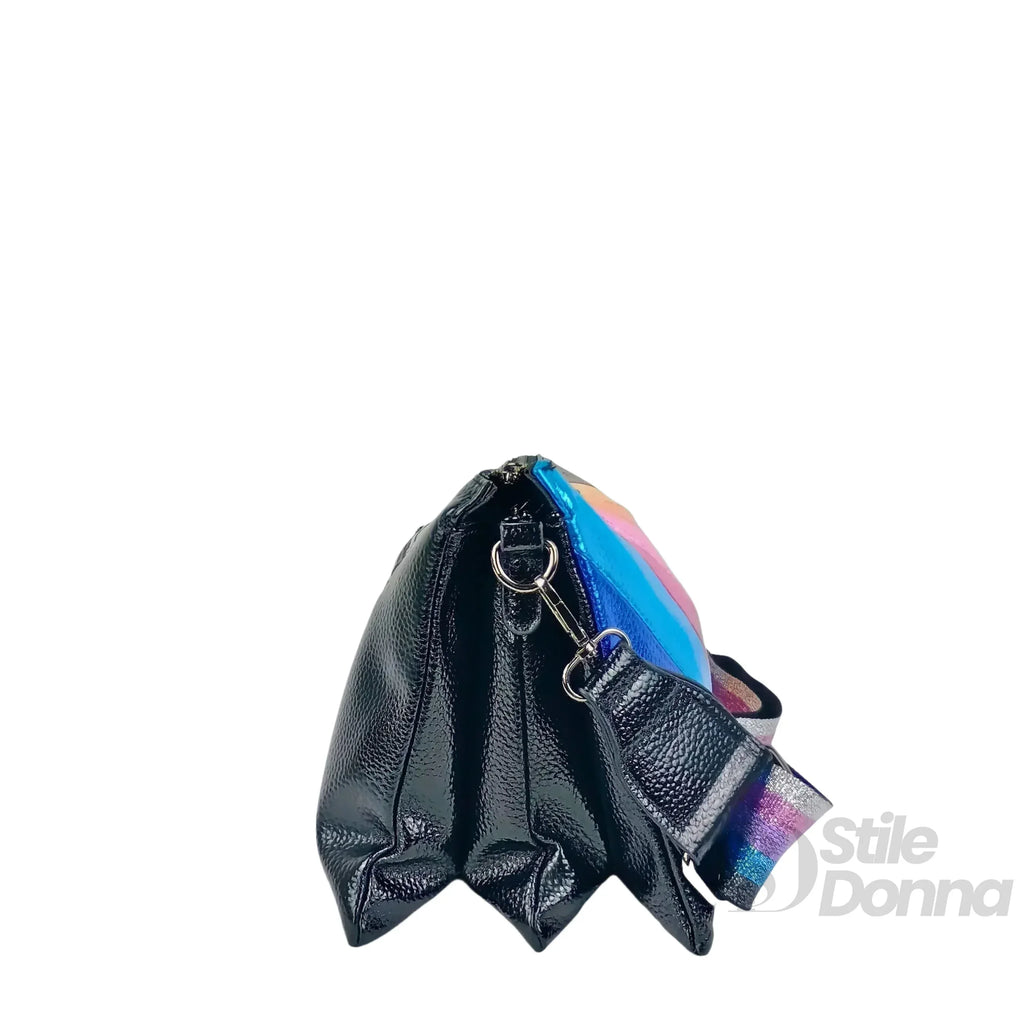 Stile Donna borsa a tracolla ecopelle arcobaleno metallizzata – interno e tasche