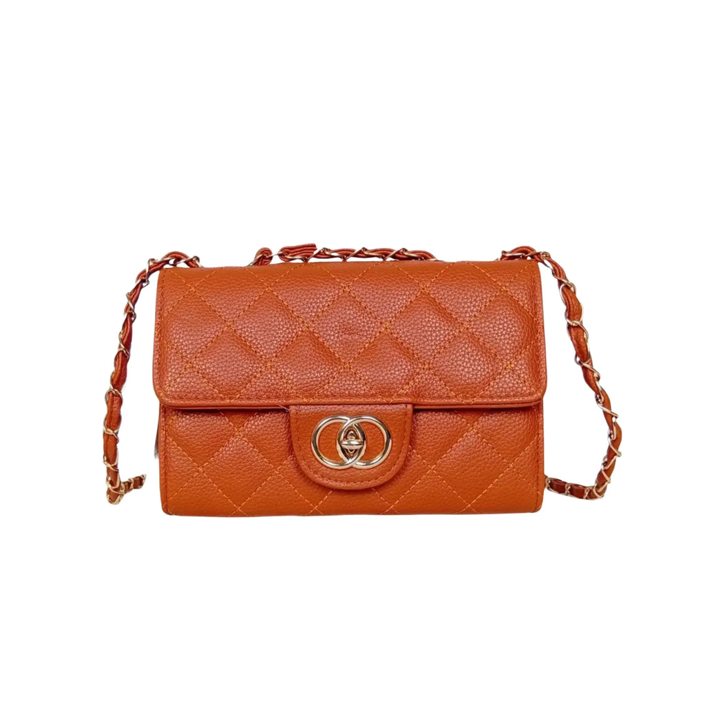 Stile Donna borsa a tracolla ecopelle marrone con catena oro donna – vista frontale