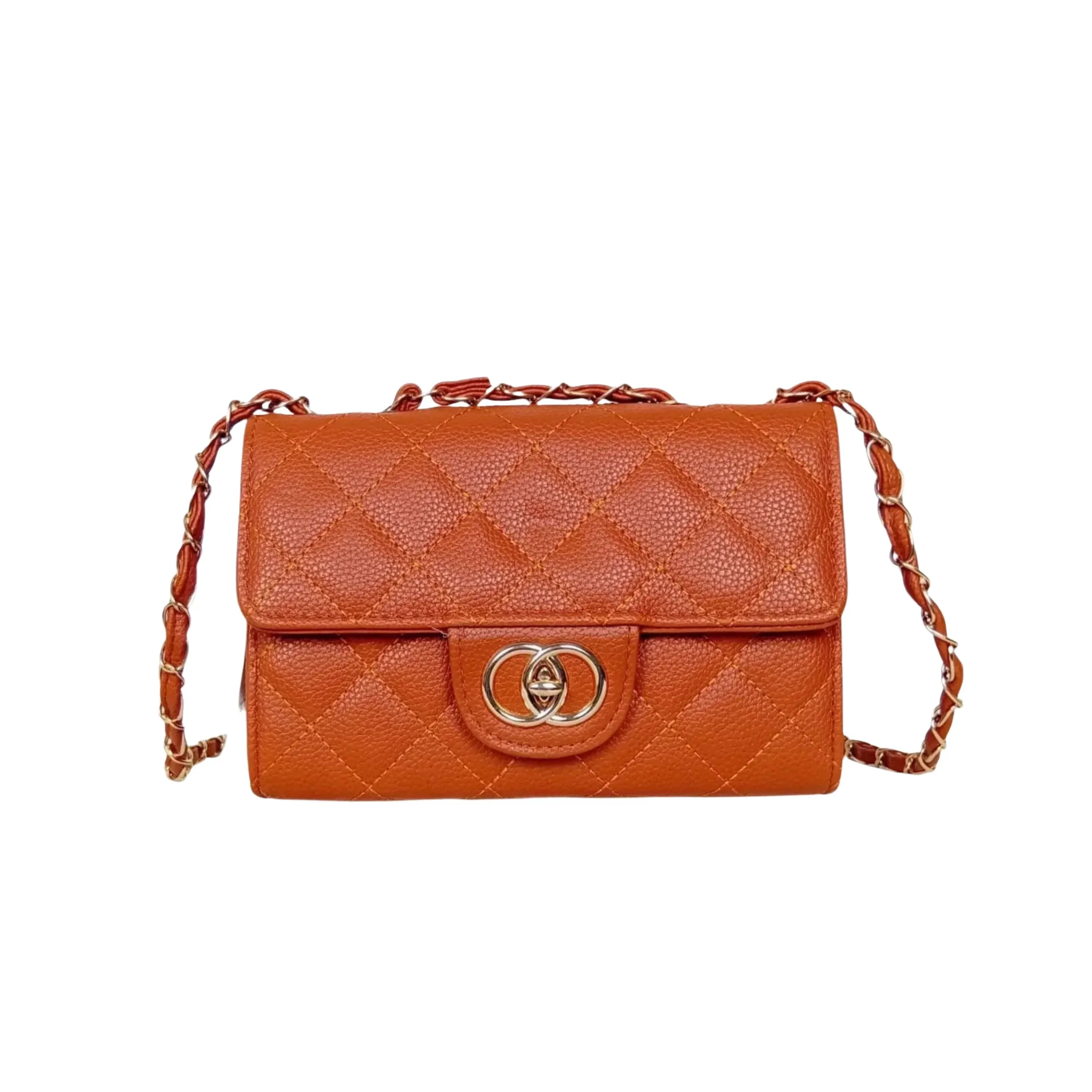 Stile Donna borsa a tracolla ecopelle marrone con catena oro donna – vista frontale