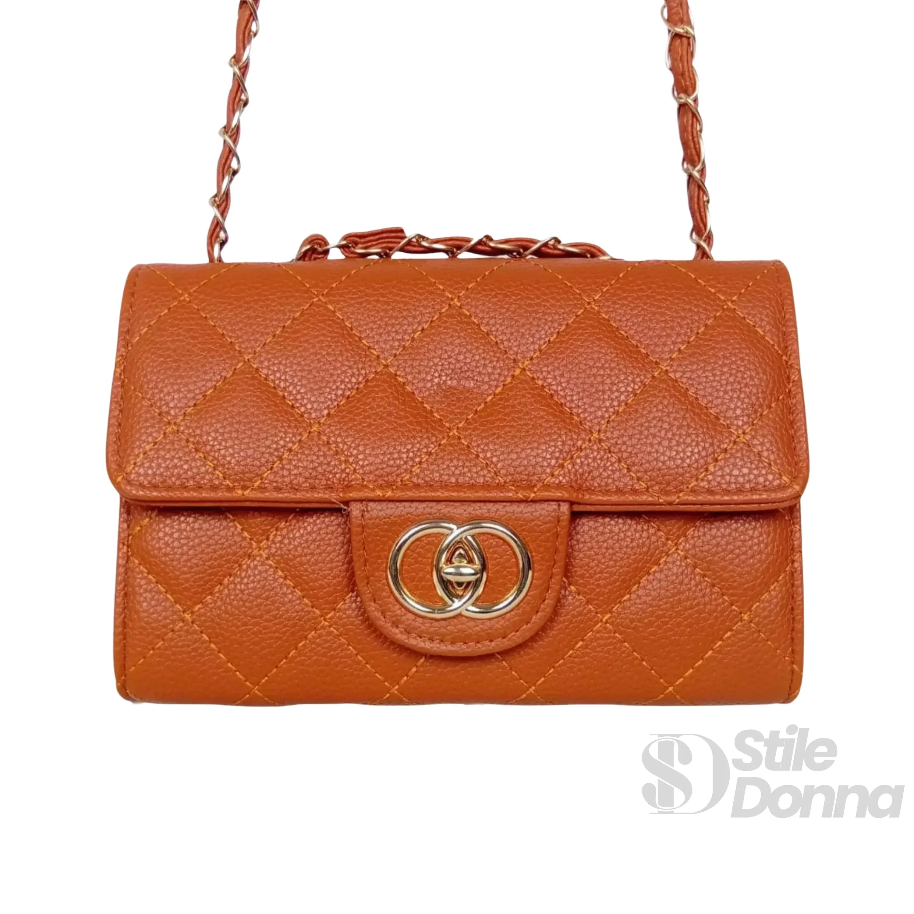 Stile Donna borsa a tracolla ecopelle marrone con catena oro – dettaglio esterno