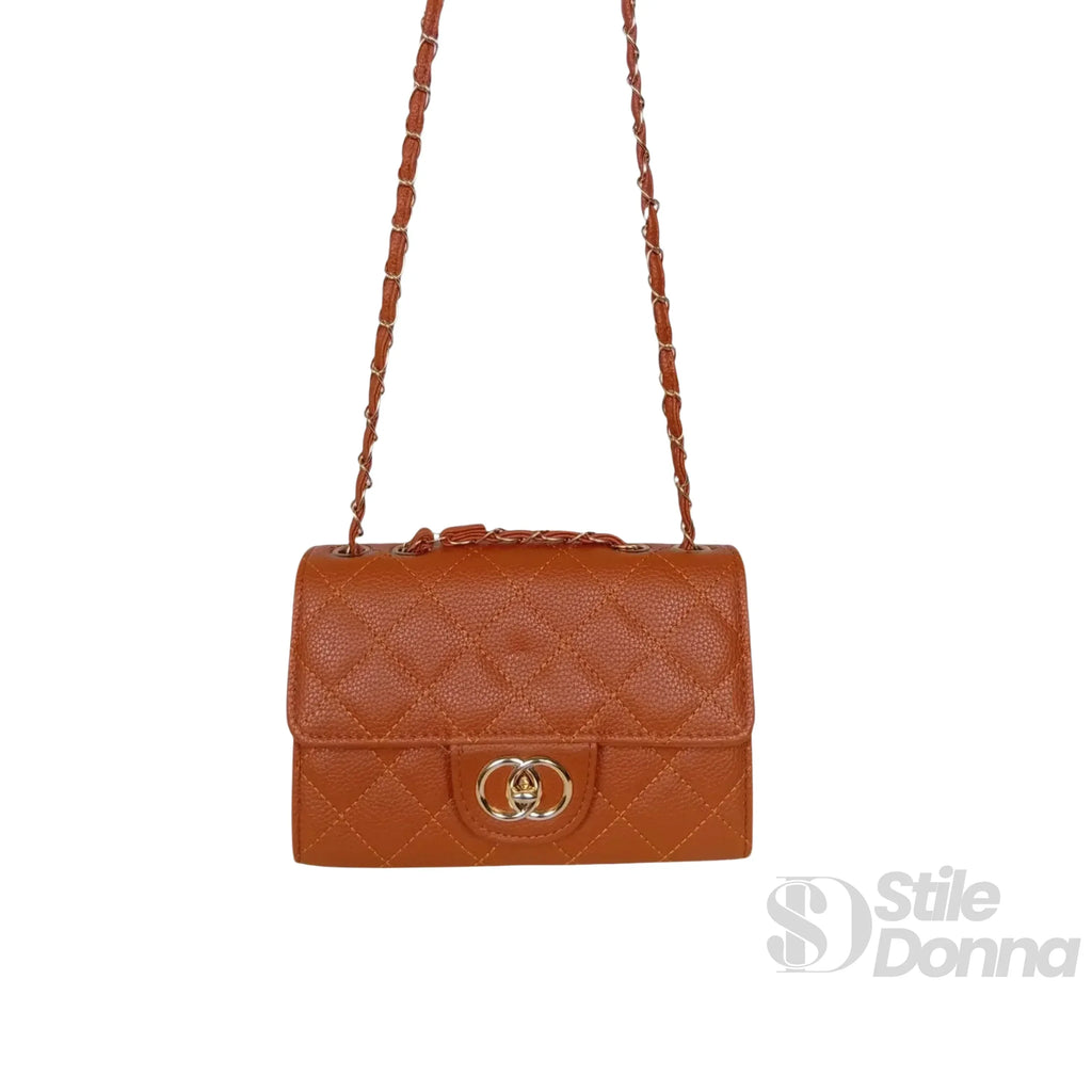 Stile Donna borsa a tracolla ecopelle marrone con catena oro – interno e tasche
