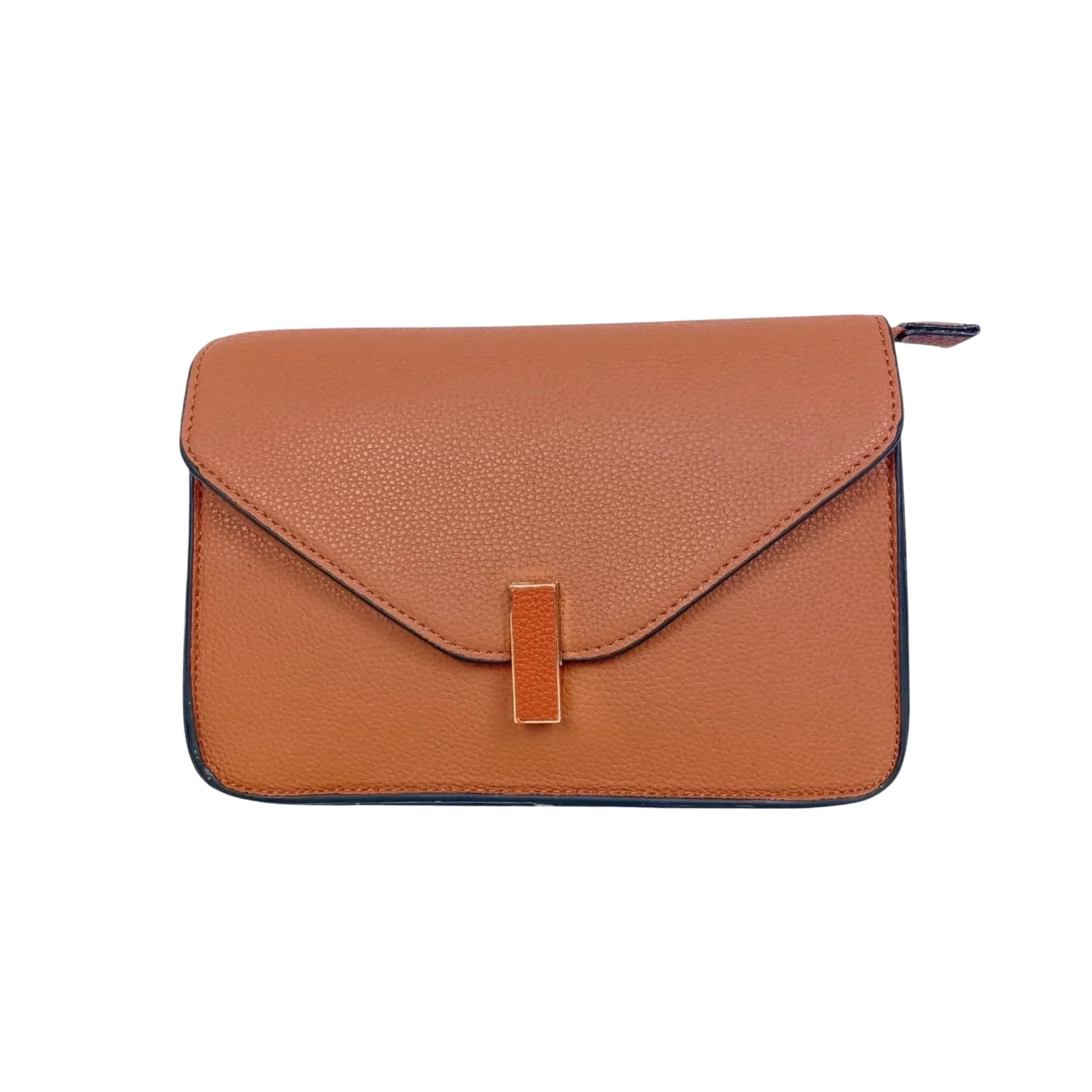 Stile Donna borsa a tracolla ecopelle marrone chiusura a girello finiture oro donna – vista frontale