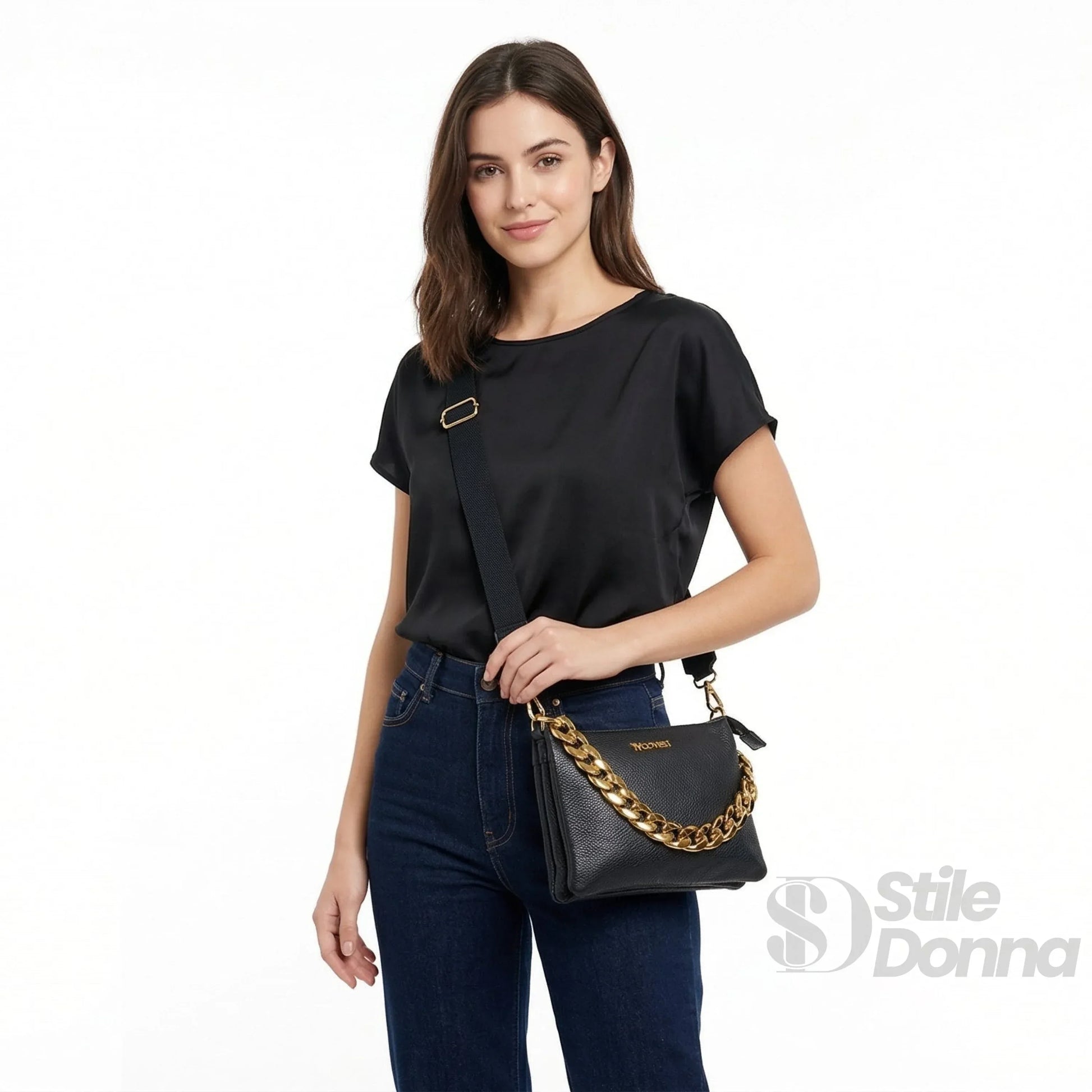 Stile Donna borsa a tracolla ecopelle catena dorata – vista posteriore
