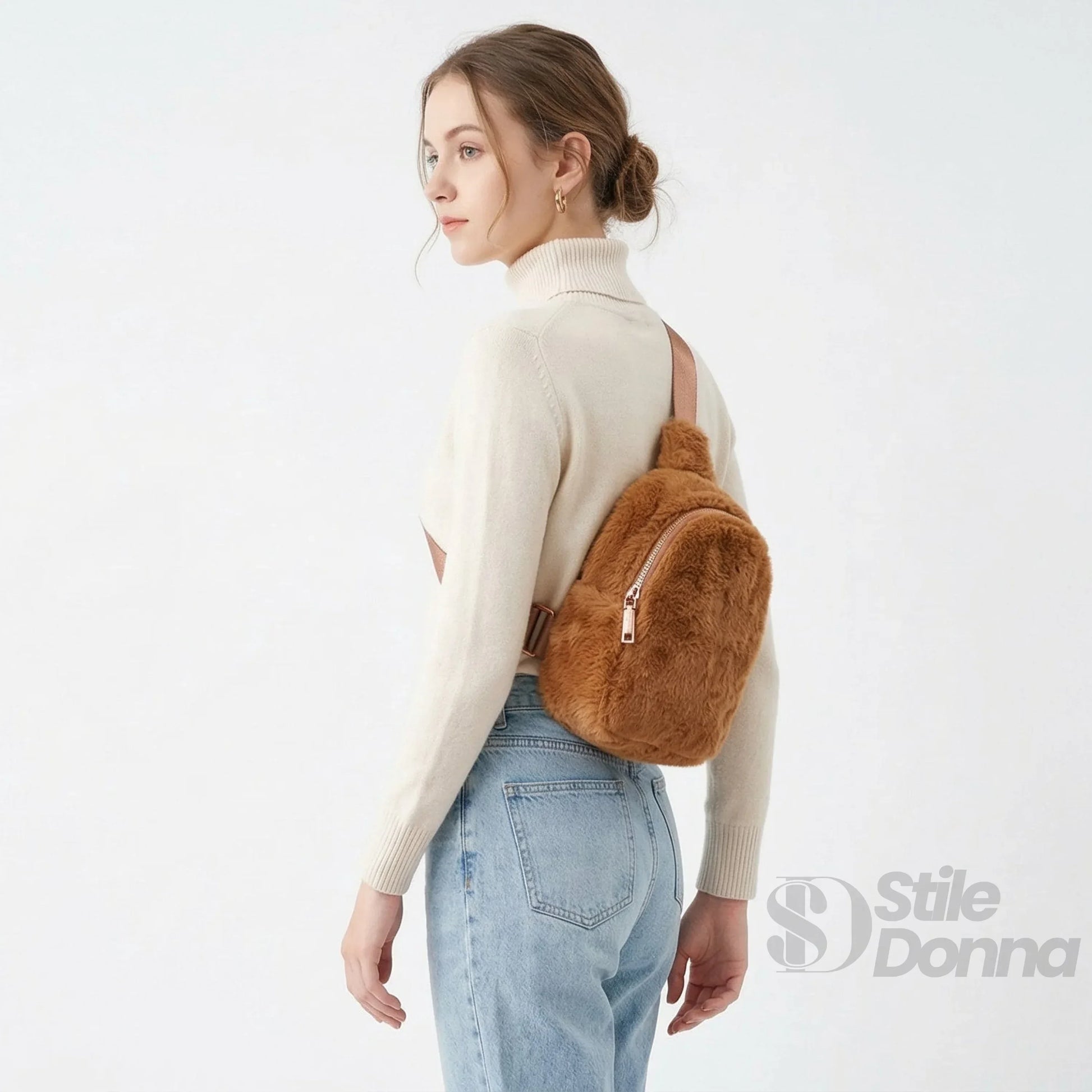 Stile Donna borsa a tracolla pelliccia sintetica morbida – dettaglio esterno