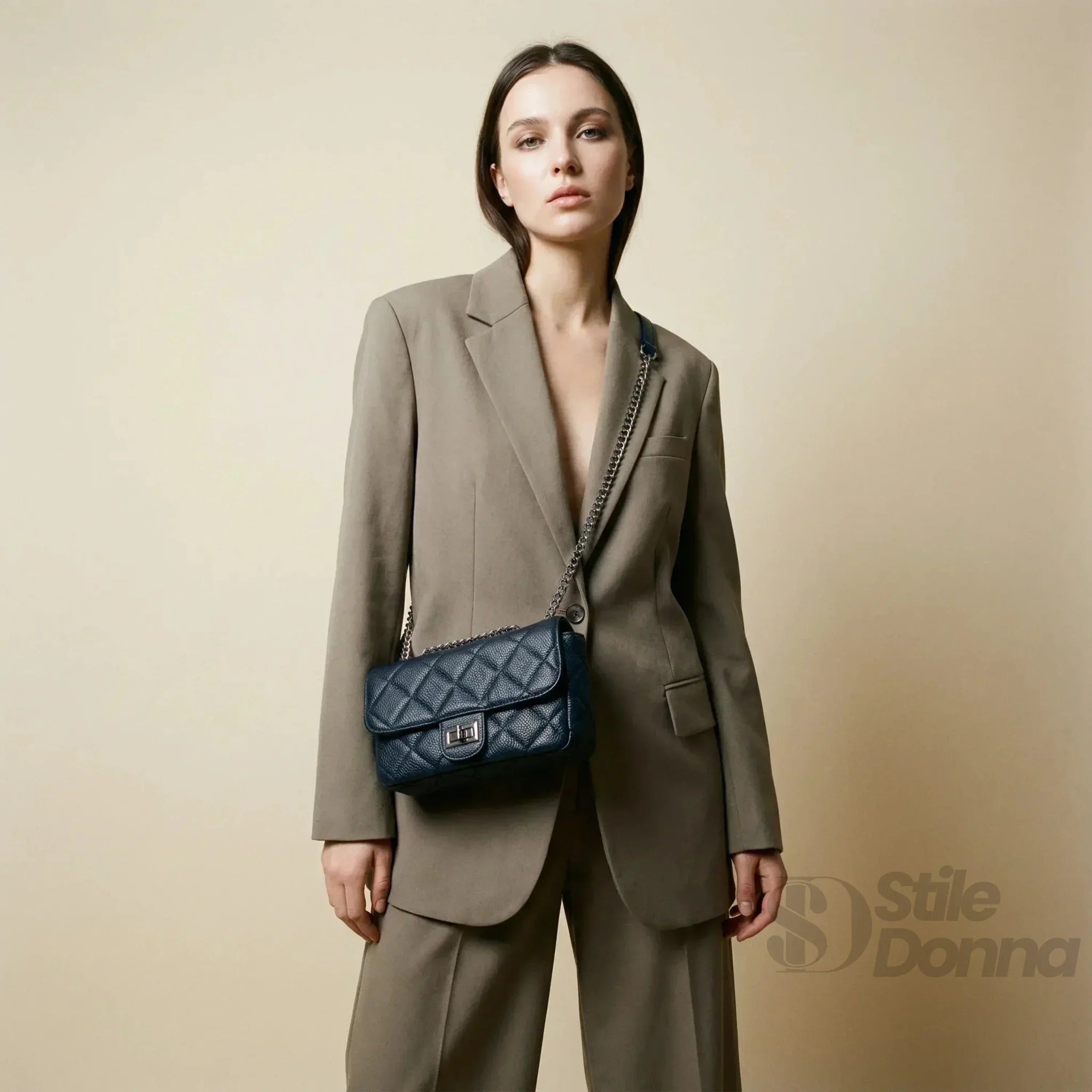 Stile Donna borsa a tracolla ecopelle argento con interno microfibra – vista laterale