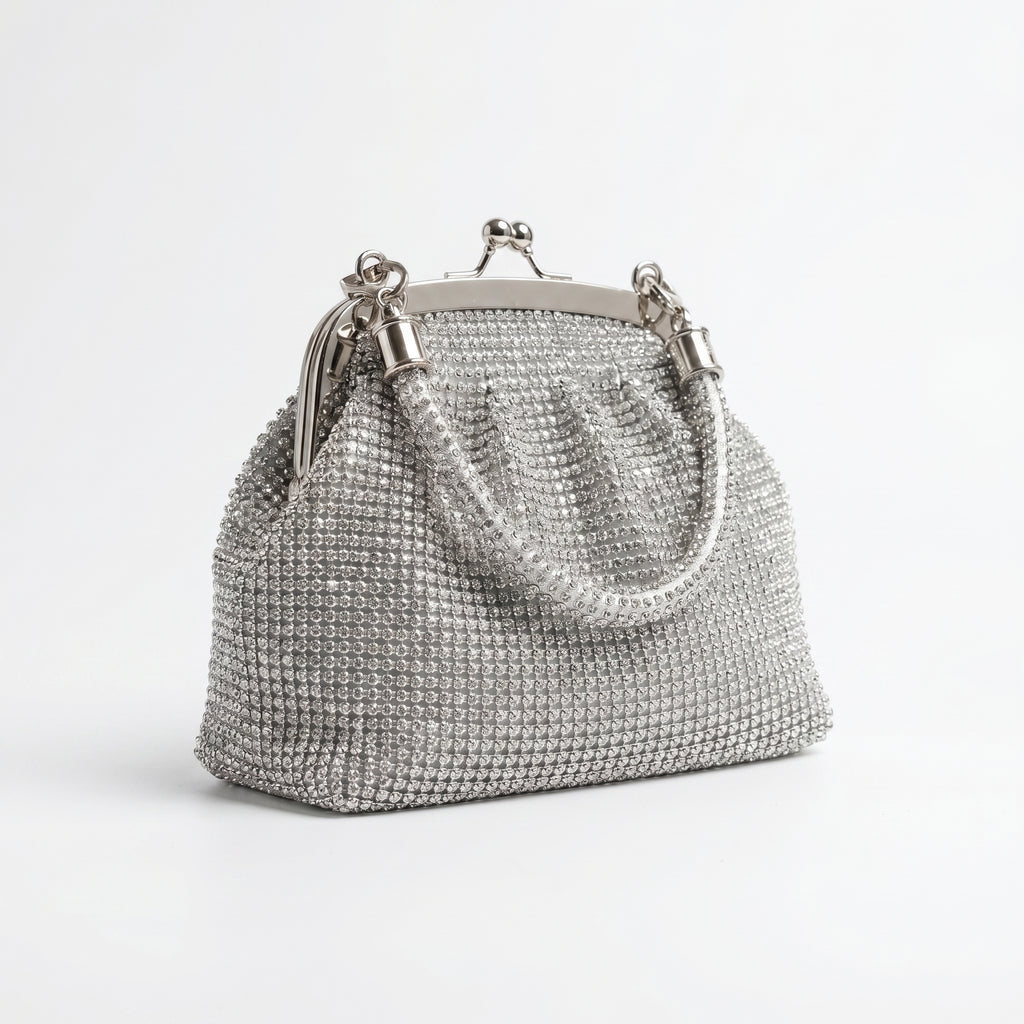 Stile Donna borsa da sera mesh strass argento scintillante donna – vista frontale