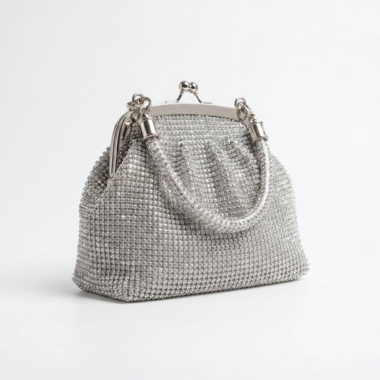 Stile Donna borsa da sera mesh strass argento scintillante donna – vista frontale