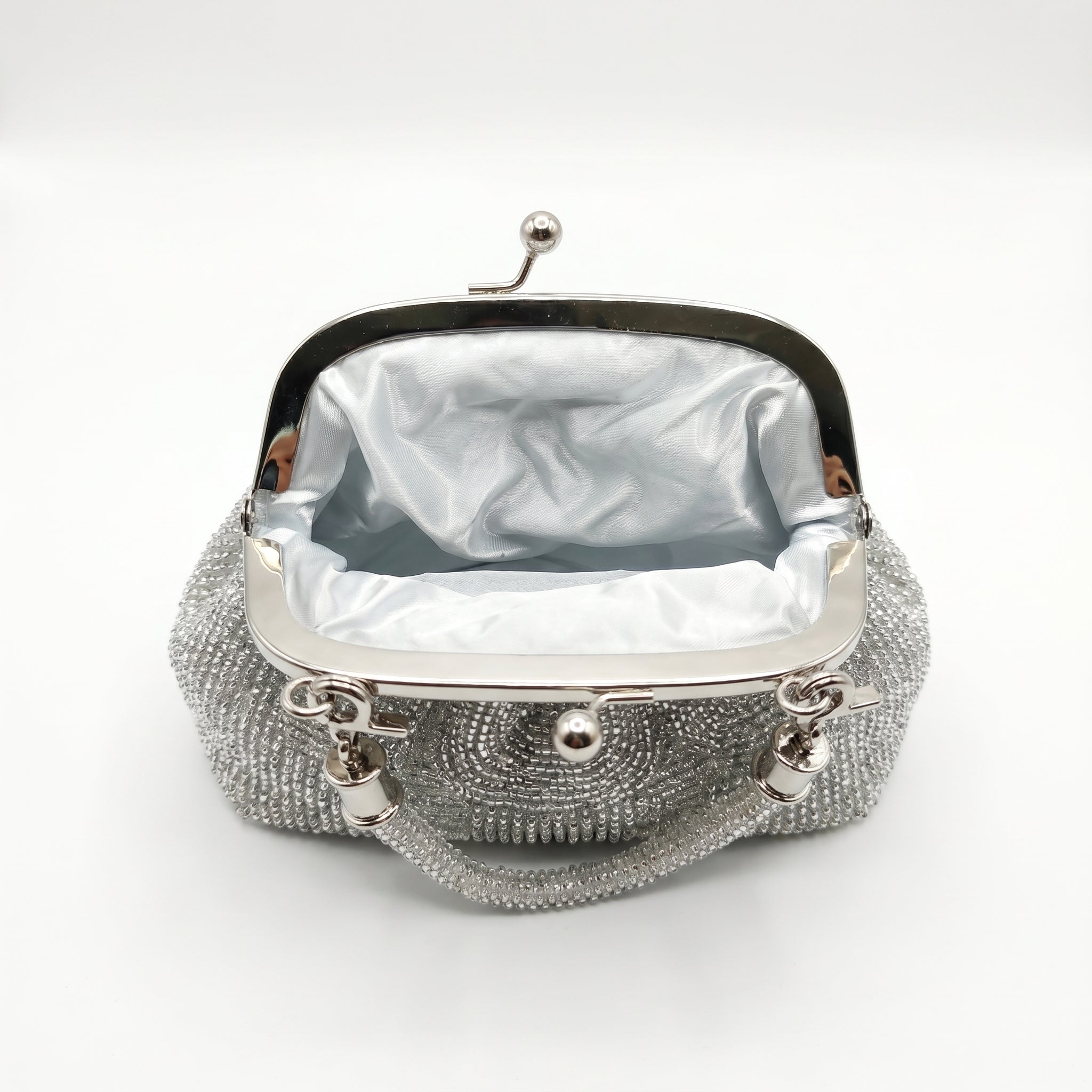 Stile Donna borsa da sera mesh strass argento – dettaglio esterno