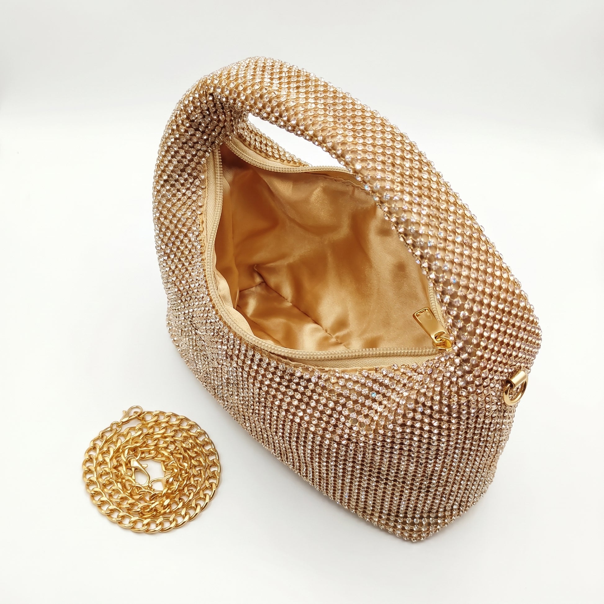 Stile Donna borsa da sera mesh strass oro – dettaglio esterno
