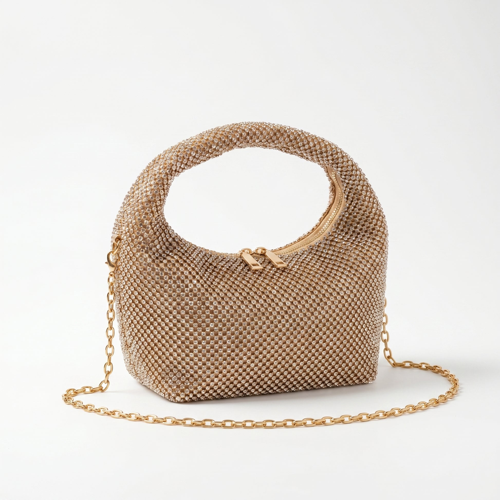 Stile Donna borsa da sera mesh strass oro – vista laterale