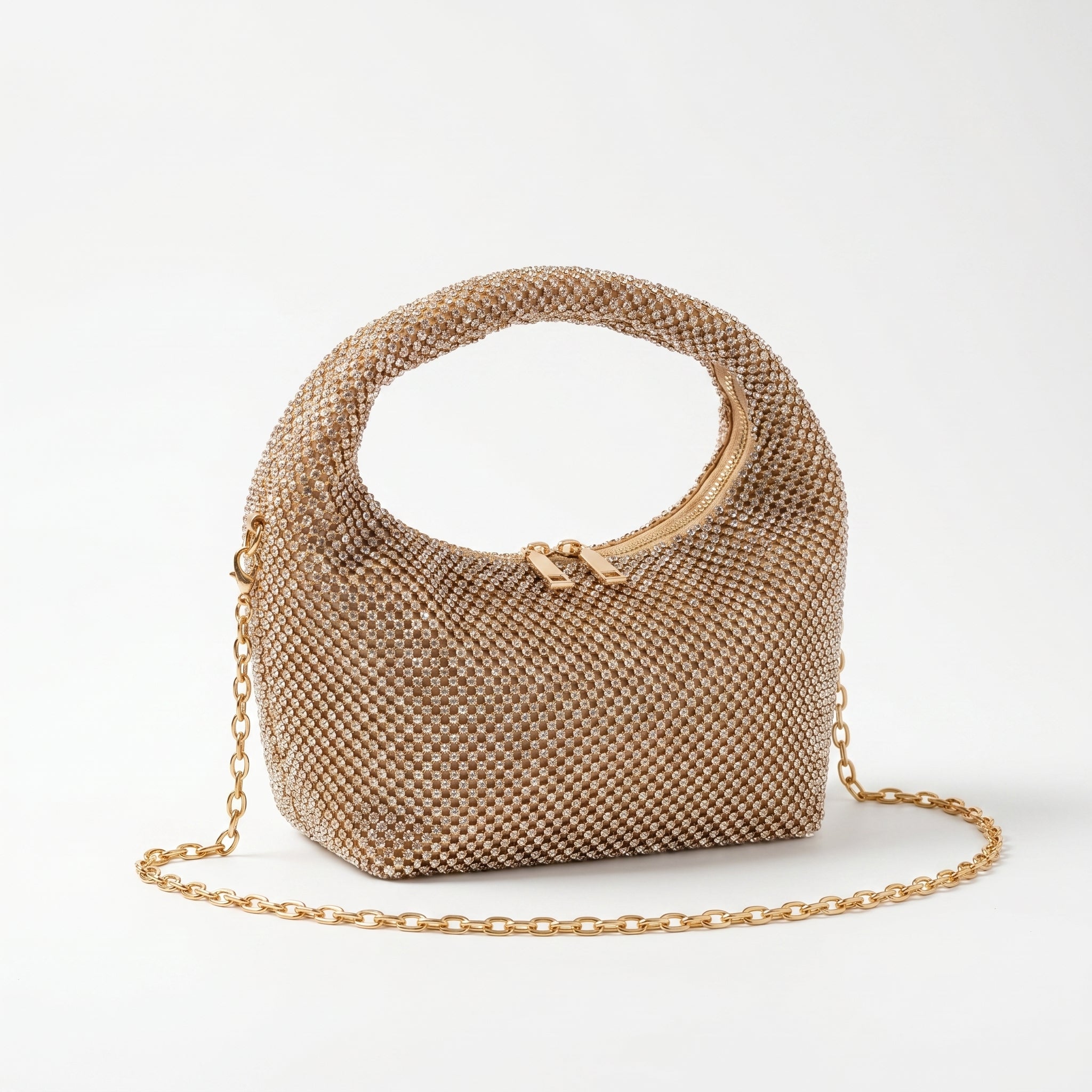 Stile Donna borsa da sera mesh strass oro – vista laterale