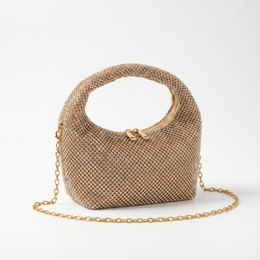 Stile Donna borsa da sera mesh strass oro – vista laterale