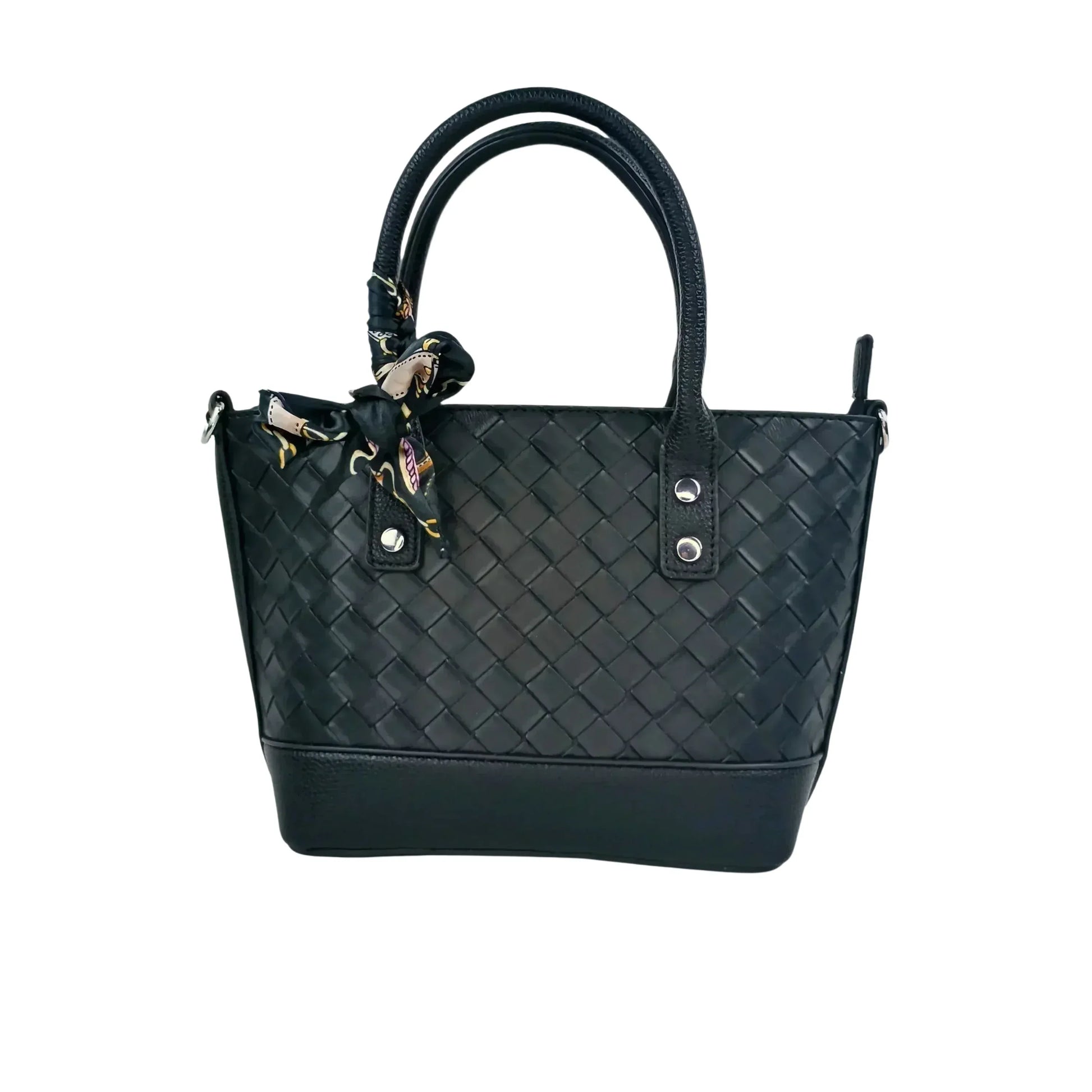 Stile Donna borsa shopper ecopelle nera intrecciata con dettaglio sciarpa donna – vista frontale