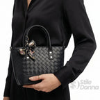 Borsa della Spesa in Ecopelle Nera Intrecciata con Dettaglio Sciarpa - Stile Donna Bags