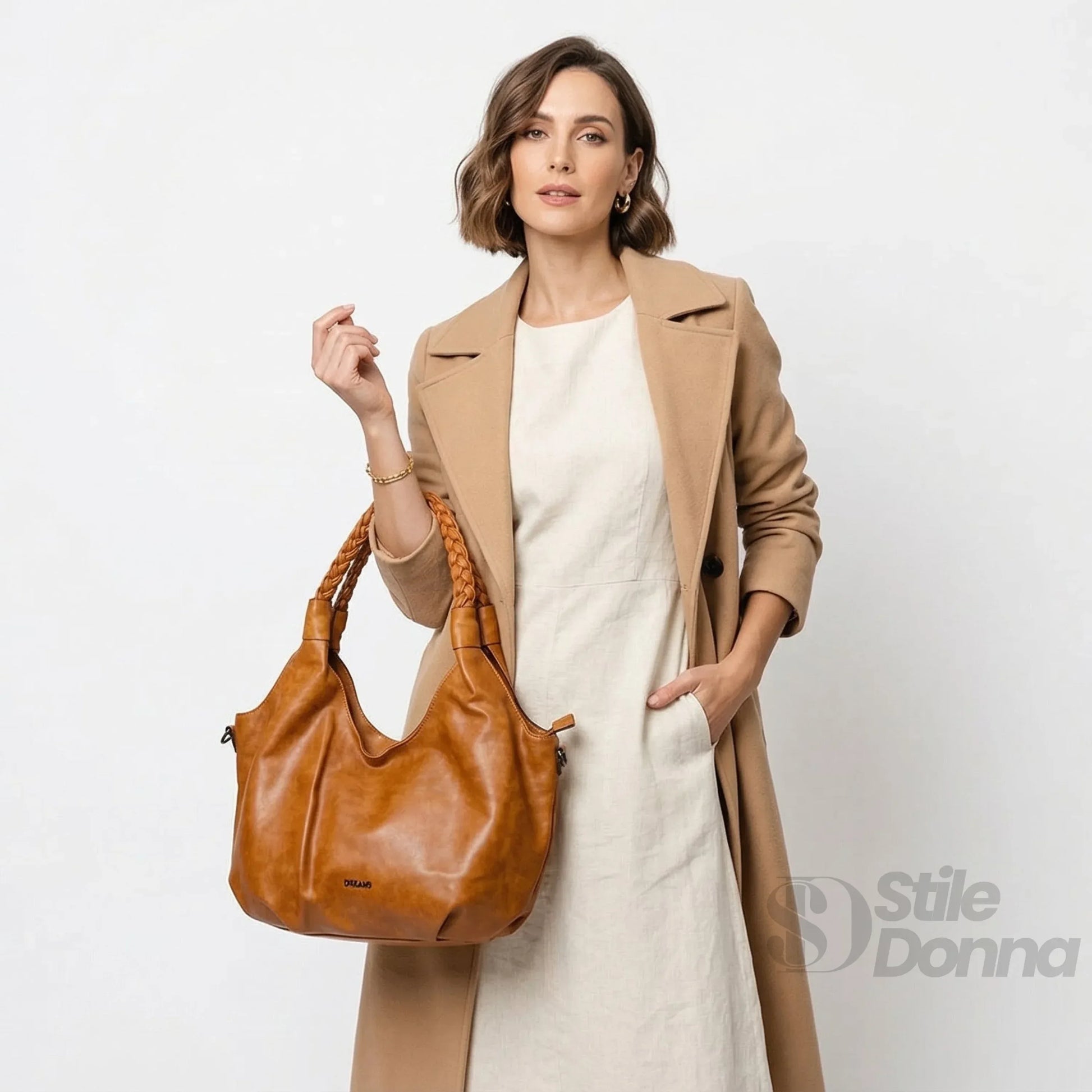 Stile Donna borsa hobo shopping ecopelle cuoio con fodera – vista laterale