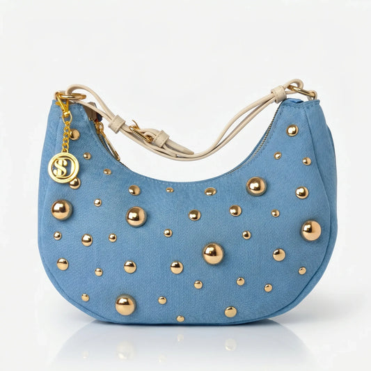 Stile Donna borsa denim beige con tracolla rimovibile – vista laterale