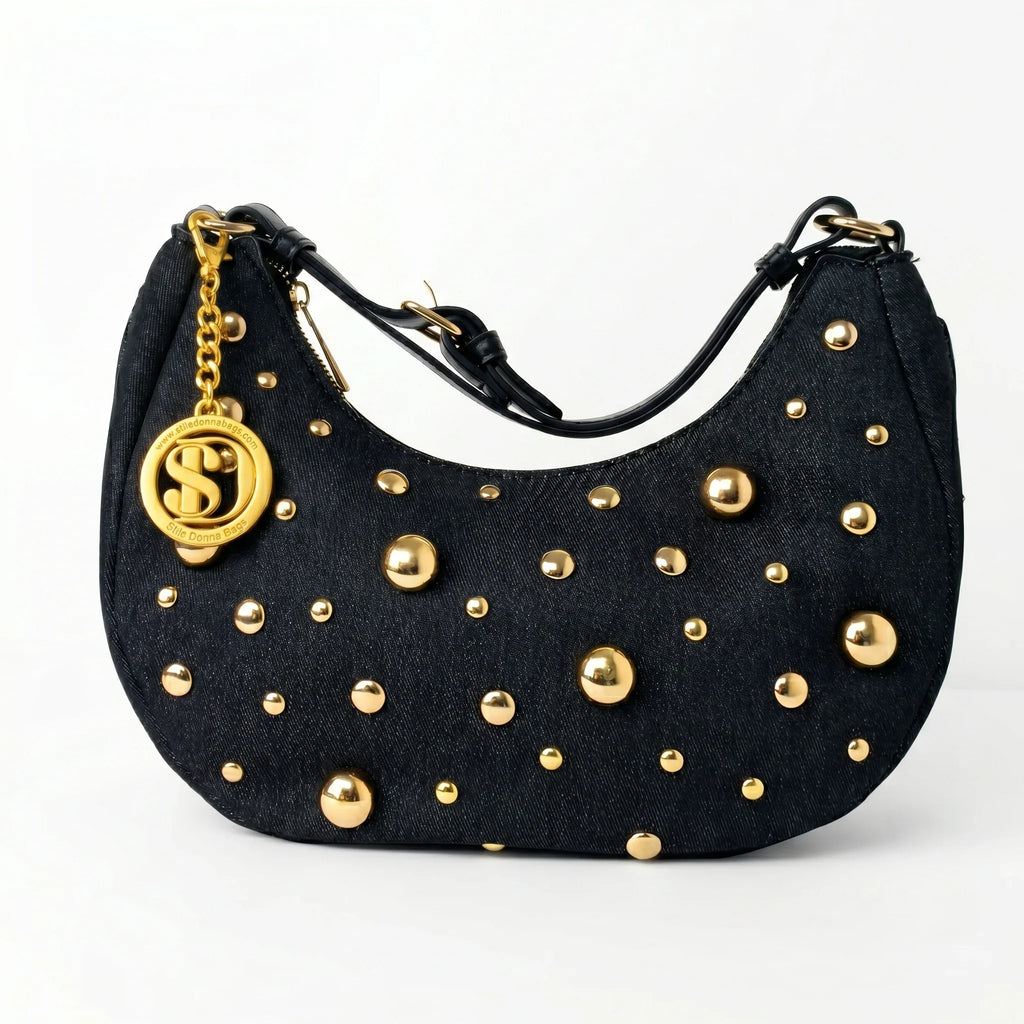 Stile Donna borsa denim nera con tracolla rimovibile e chiusura a cerniera donna – vista frontale