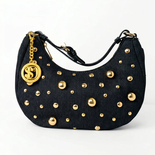 Stile Donna borsa denim nera con tracolla rimovibile e chiusura a cerniera donna – vista frontale