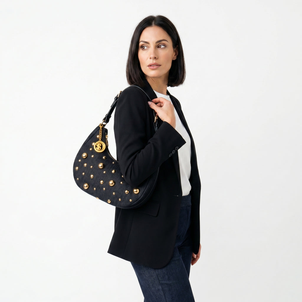 Stile Donna borsa denim blu con tracolla rimovibile – dettaglio manico
