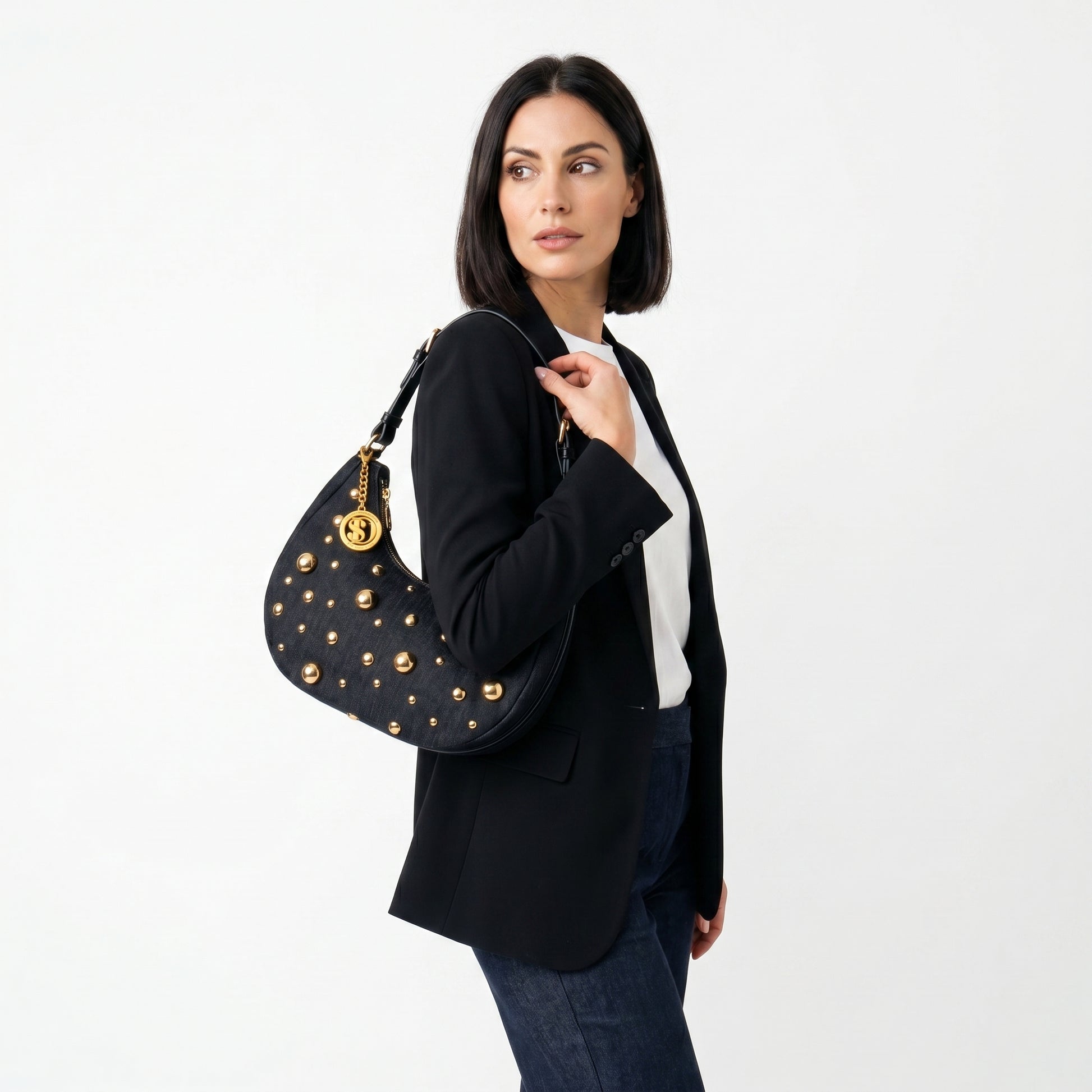 Stile Donna borsa denim blu con tracolla rimovibile – dettaglio manico