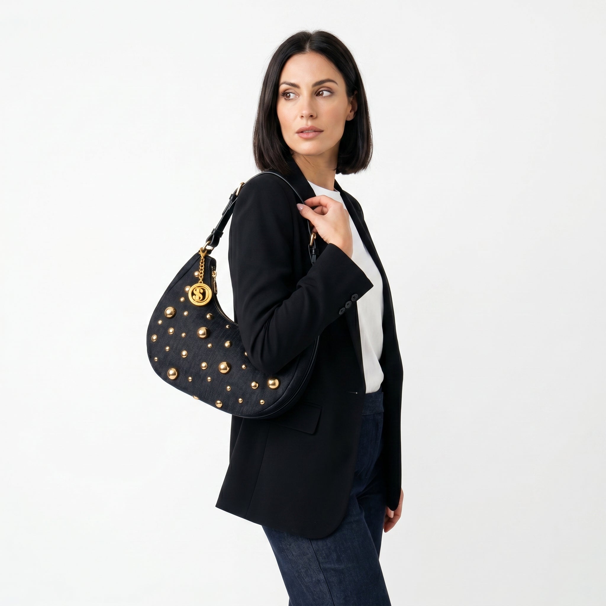 Stile Donna borsa denim blu con tracolla rimovibile – dettaglio manico