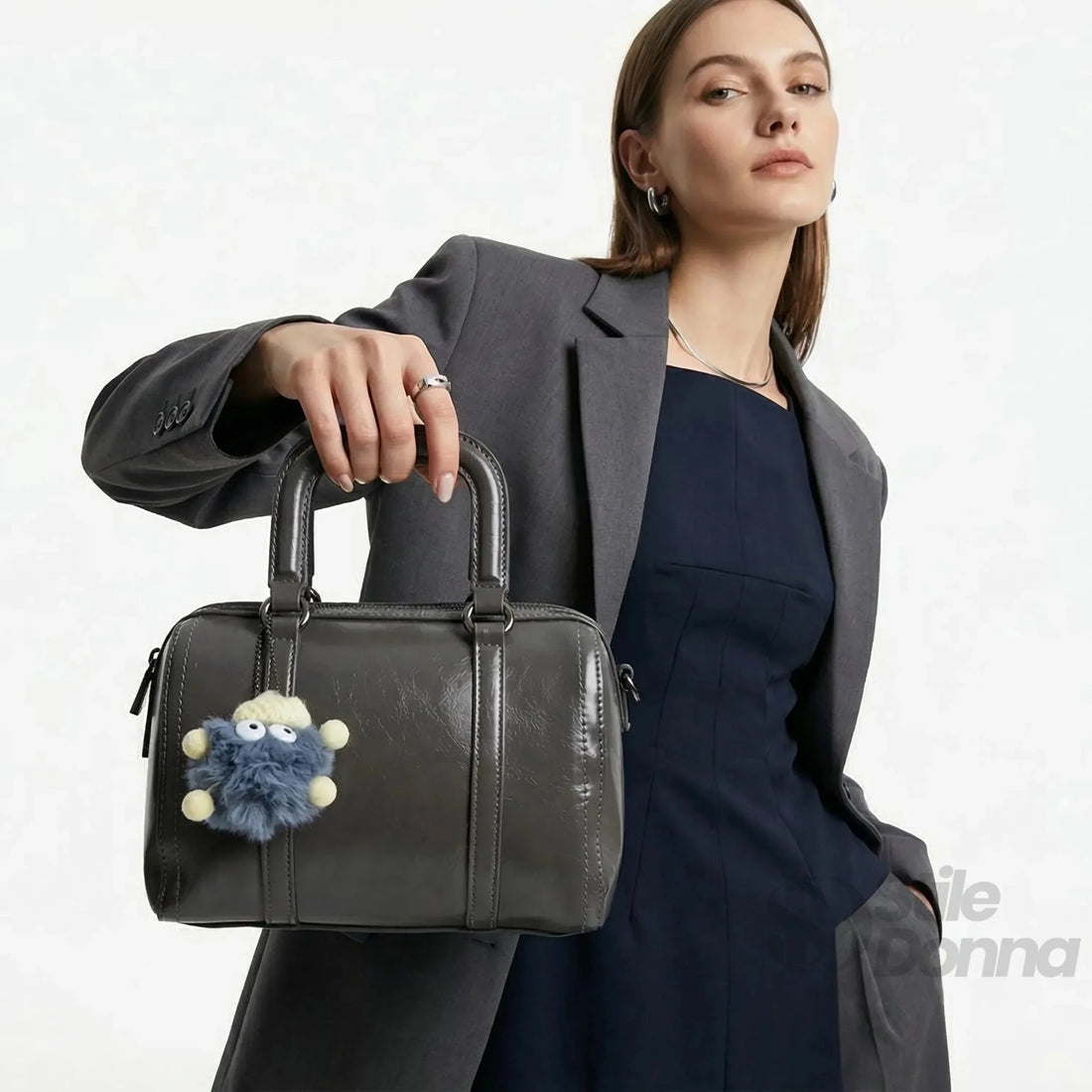 Borsa in Ecopelle Grigio Scuro con Tracolla Removibile