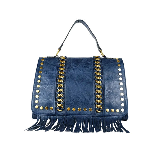 Stile Donna borsa ecopelle blu con tracolla removibile e dettagli dorati donna – vista frontale