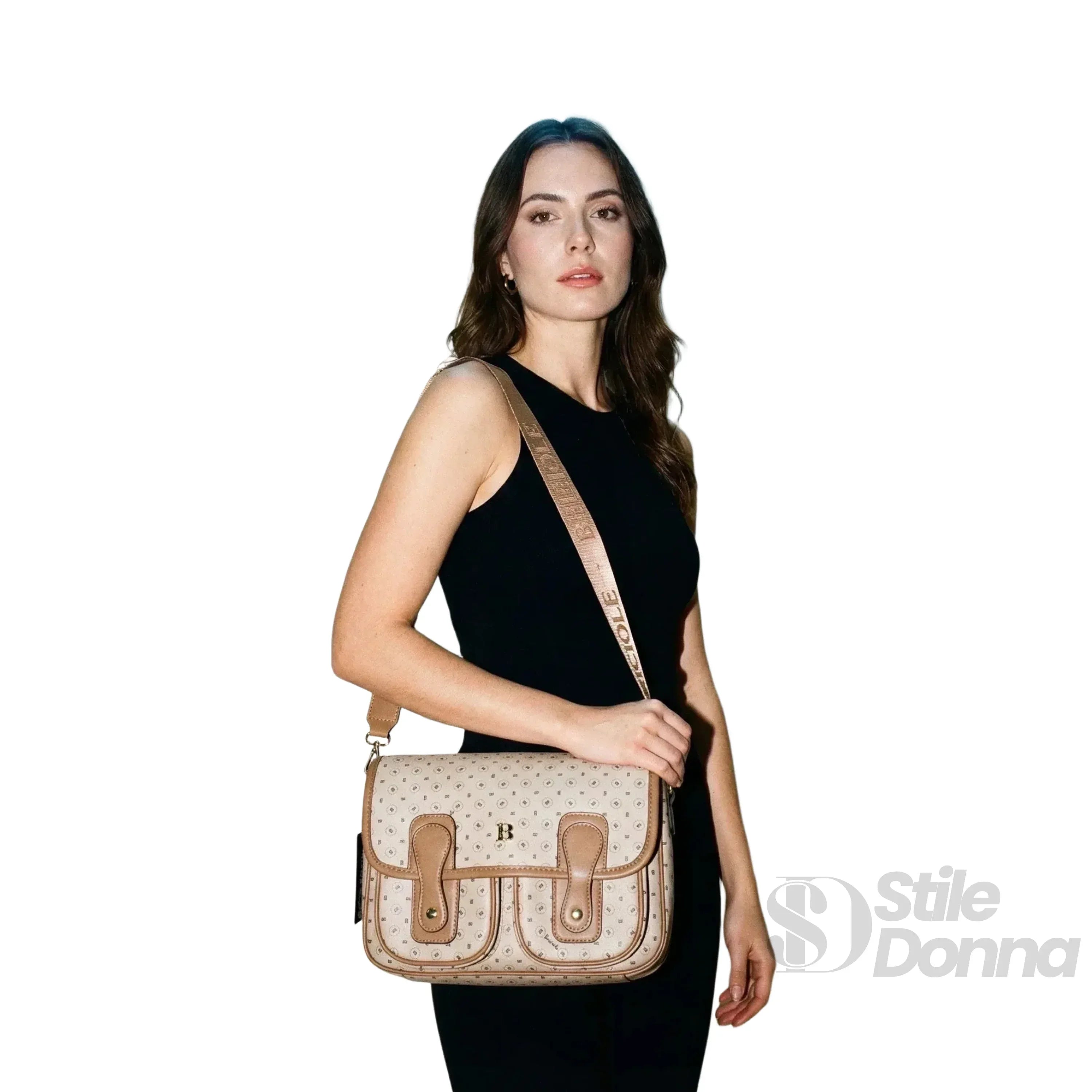 Briciole borsa a tracolla ecopelle beige dettagli oro – vista laterale