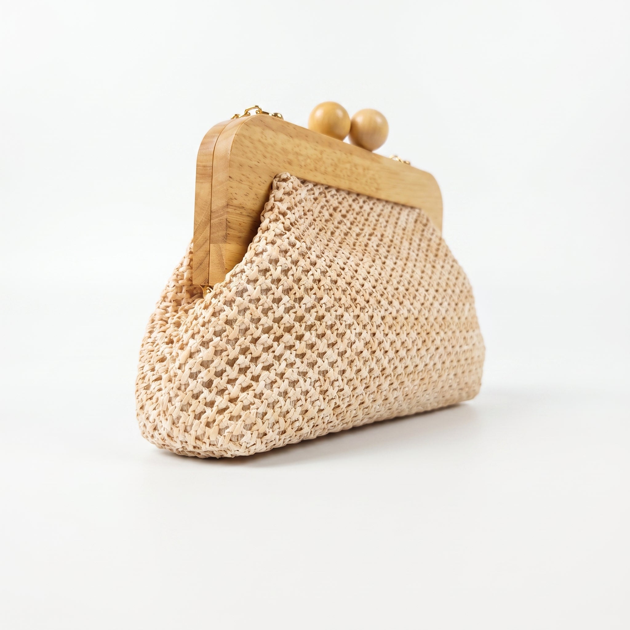Borsa Caterina a Tracolla in Rafia con Cornice in Legno e Catena Dorata – Stile Donna