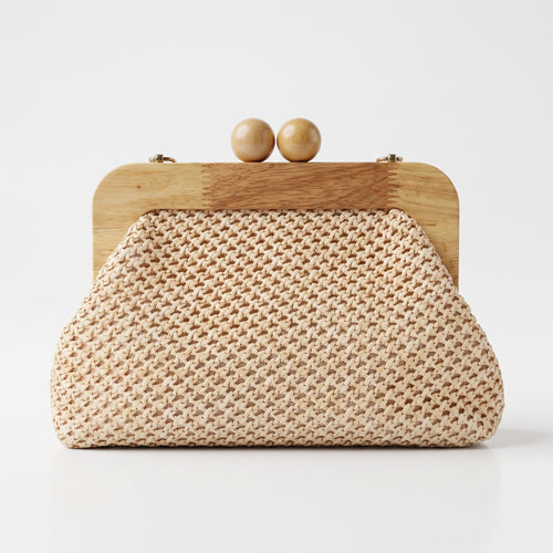 Borsa Caterina a Tracolla in Rafia con Cornice in Legno e Catena Dorata – Stile Donna