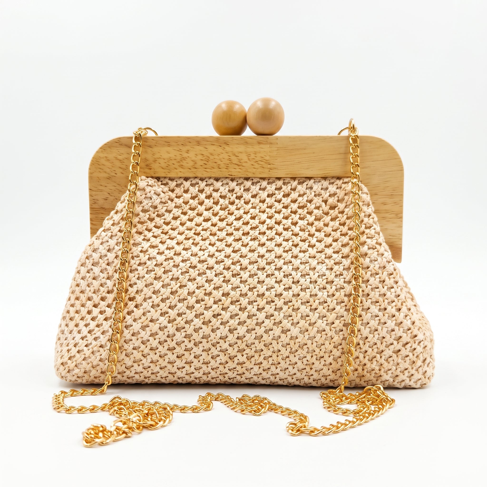 Borsa Caterina a Tracolla in Rafia con Cornice in Legno e Catena Dorata – Stile Donna