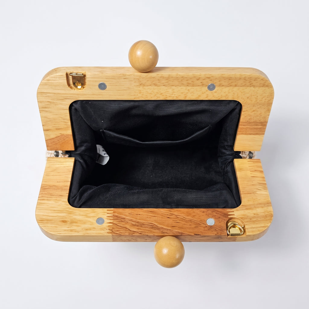 Borsa Caterina a Tracolla in Rafia con Cornice in Legno e Catena Dorata – Stile Donna