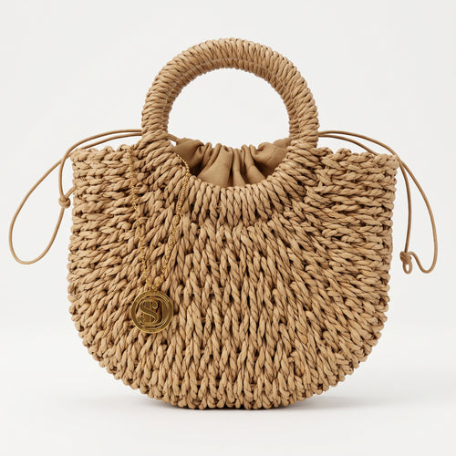Borsa Alessia Semilunare in Rafia con Manici Circolari e Tracolla – Stile Donna