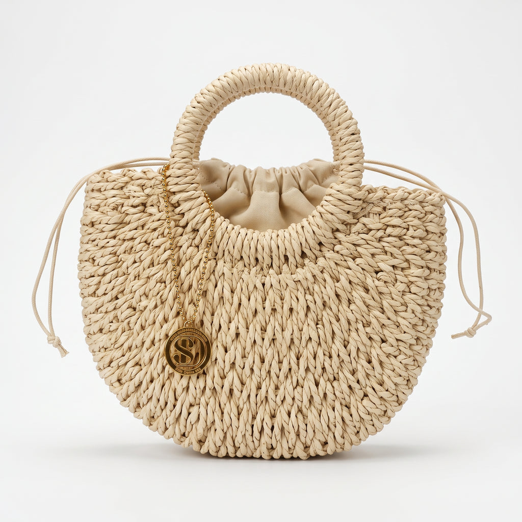 Borsa Alessia Semilunare in Rafia con Manici Circolari e Tracolla – Stile Donna