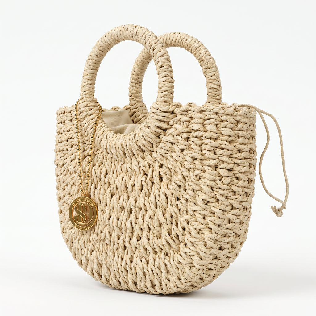 Borsa Alessia Semilunare in Rafia con Manici Circolari e Tracolla – Stile Donna