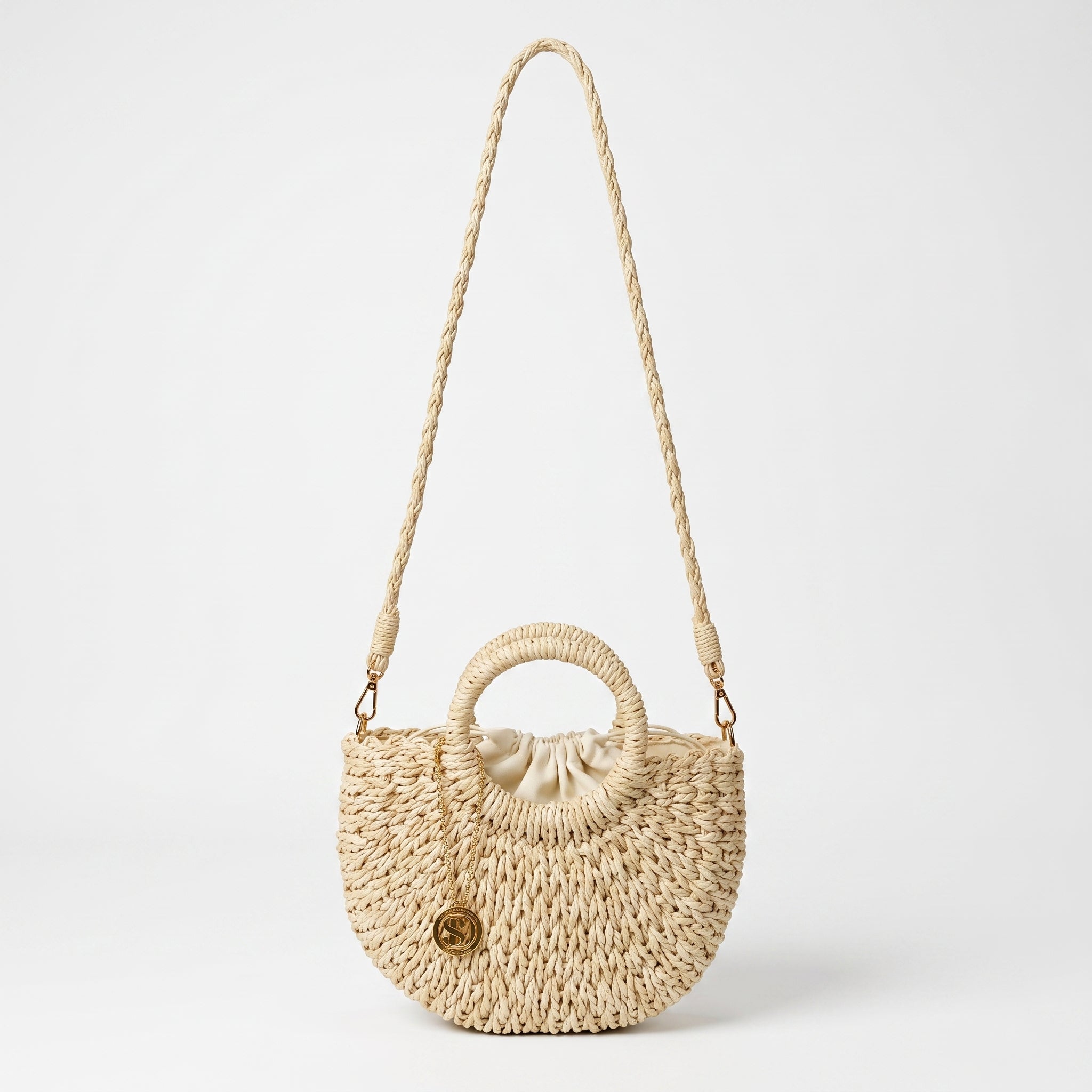 Borsa Alessia Semilunare in Rafia con Manici Circolari e Tracolla – Stile Donna